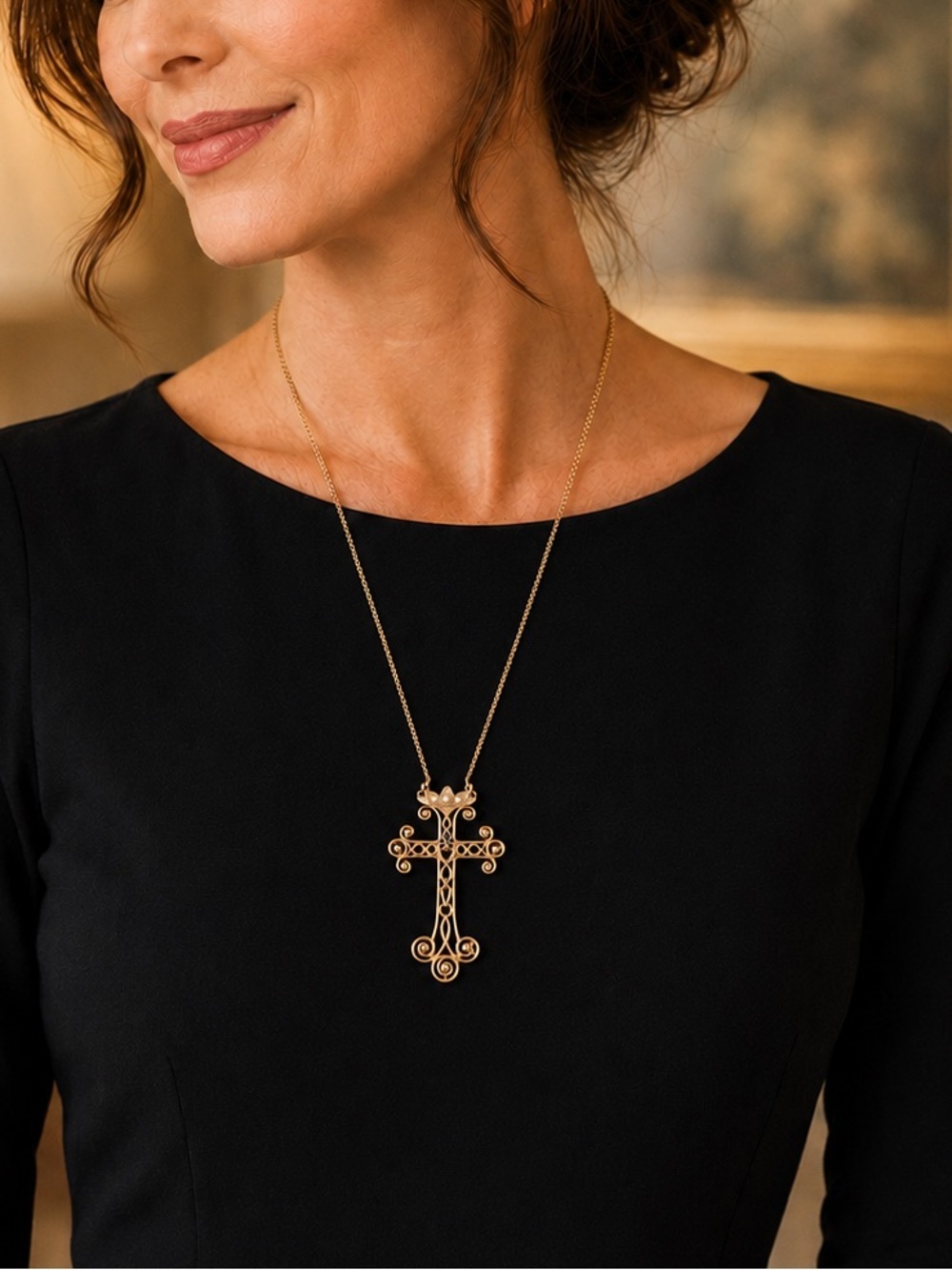Sarah Coventry 1977 Limited Edition Ornate Cross Necklace Gold Tone Vintage